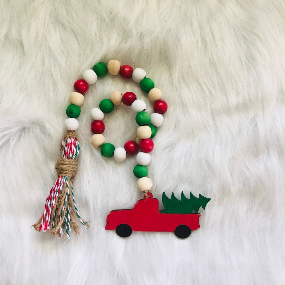 Farmhouse Christmas wood bead garland, tiered tray decor